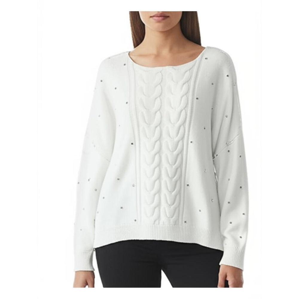 NY & Company Women's Knit Sweater Size Large White Rhinestone‎ Boat Neck Elegant